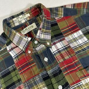 Orvis Madras Mens Plaid Patchwork Short Sleeve Cotton Button Up Shirt Size 2XL